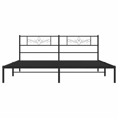 Full-size metal bed frame with headboard and side rails, black finish, simple legs.