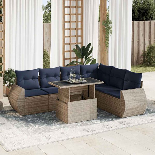 vidaXL 7 Piece Patio Sofa Set with Cushions Gray Poly Rattan Acacia