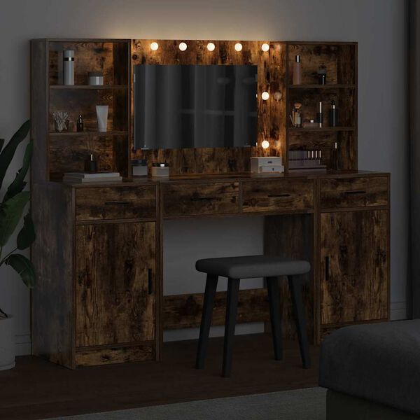 vidaXL Dressing Table Set with LED 3 pcs Smoked Oak Engineered Wood