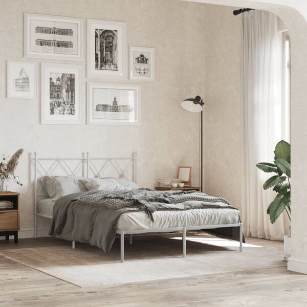 vidaXL Bed Frame White Powder-Coated Steel Small Double Bed Frame