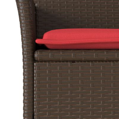 Close-up of brown wicker armrest and cushion detail