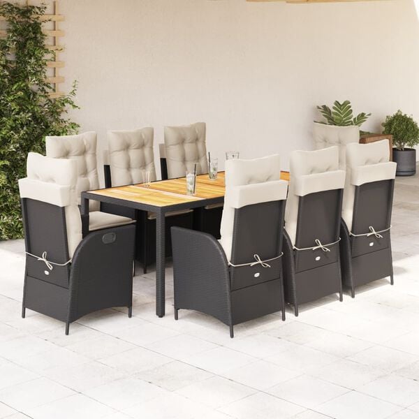 vidaXL Garden Dining Set Black PE Rattan 9 Piece Set Adjustable Armrests