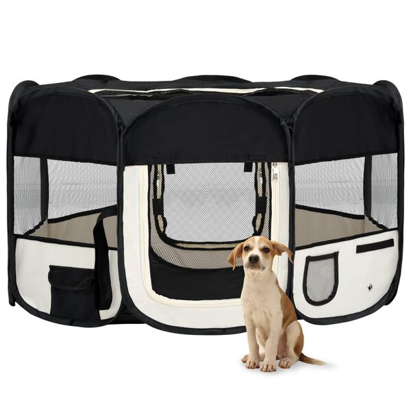 vidaXL Dog Playpen Black and Cream Polyester Foldable Dog Playpen