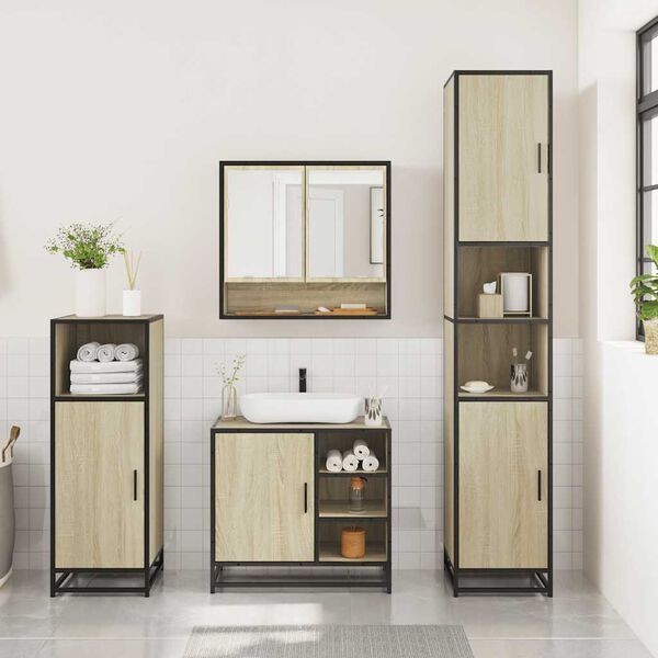 vidaXL Bathroom Furniture Set Sonoma Oak Engineered Wood, Metal, Glass