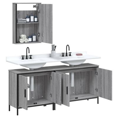 Bathroom vanity with double sink, wall mirror, and upper wall cabinet; grey wood finish.