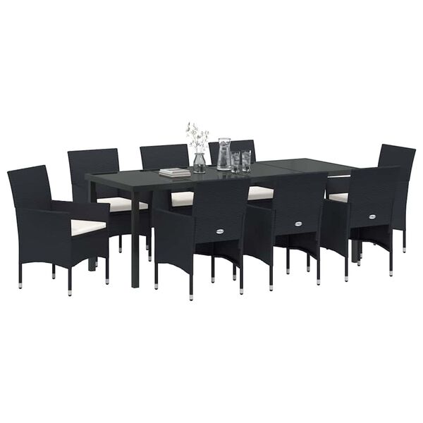vidaXL Garden Dining Set with Cushion 9 pcs Black Poly Rattan
