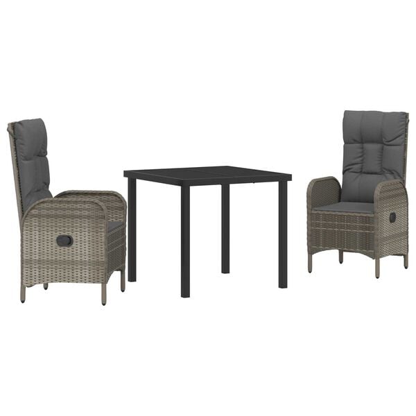vidaXL Garden Dining Set with Cushion 3 pcs Grey Poly Rattan