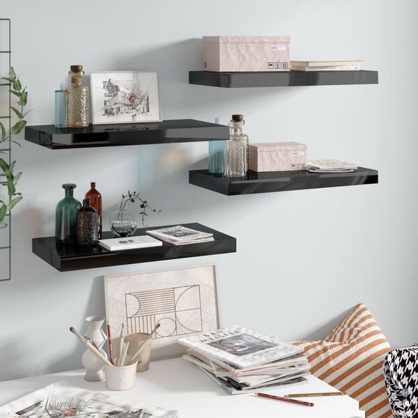 vidaXL Wall Shelf Set of 4 High gloss black Honeycomb MDF, metal