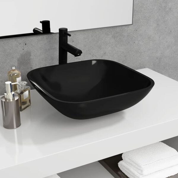 vidaXL Basin Glass 16.5x16.5x5.5" Black