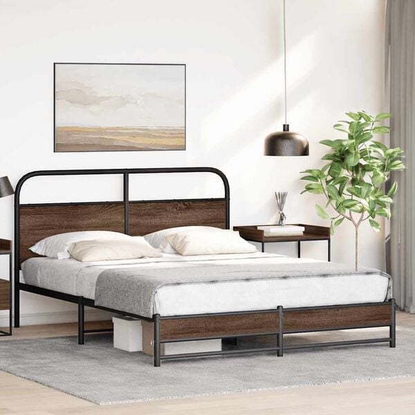 vidaXL Bed Frame Brown Oak Steel, Engineered Wood Full Sturdy