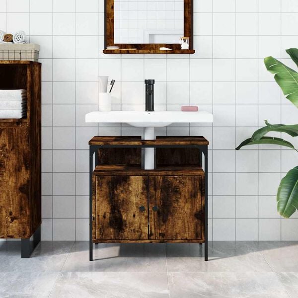 vidaXL Bathroom Sink Cabinet Smoked oak Engineered wood, powder-coated steel