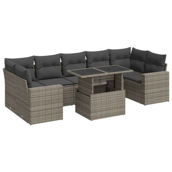 vidaXL Garden Sofa Set Gray PE rattan, powder-coated steel, tempered glass