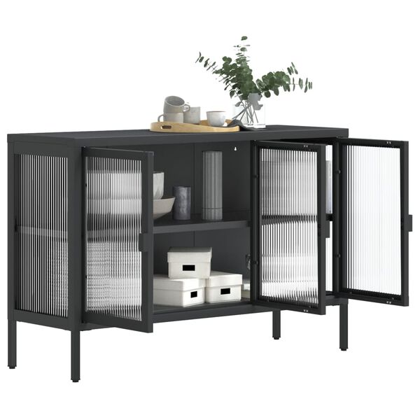vidaXL Sideboard Black Powder-Coated Steel, Fluted Glass Medium