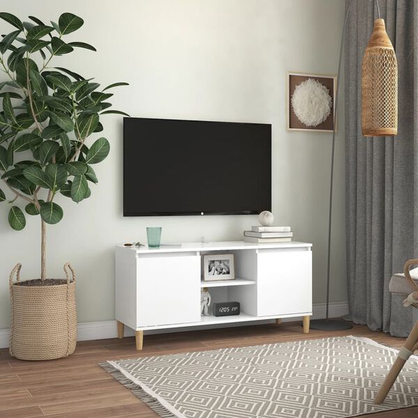 vidaXL TV Cabinet White Engineered Wood, Solid Eucalyptus Wood Medium