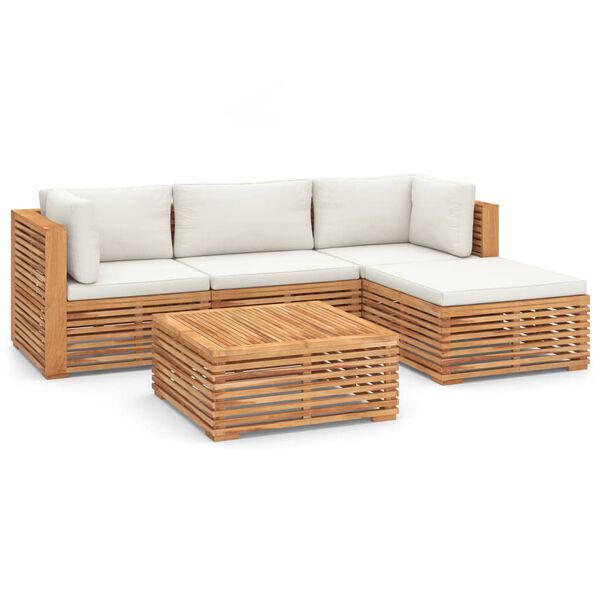 vidaXL 5 Piece Patio Lounge Set with Cream Cushion Solid Teak Wood