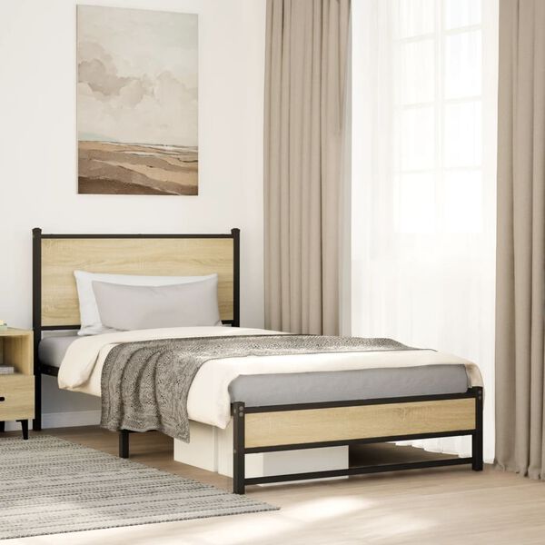vidaXL Bed Frame Sonoma Oak Steel 42.1 x 79.9 in Modern Bed Frame