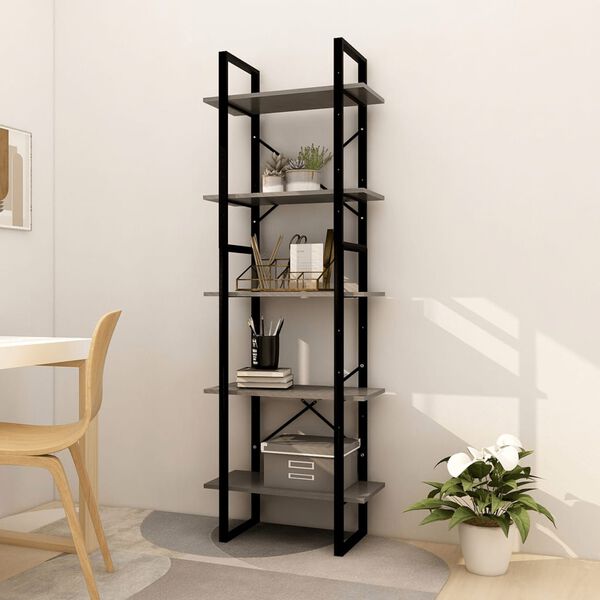 vidaXL Book Cabinet Grey Pinewood, Metal Large Height-Adjustable Shelves