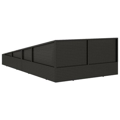 Angled outdoor sectional with dark brown wicker and panel back, empty