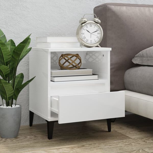 vidaXL Bedside Cabinet Set of 2 High Gloss White Engineered wood, Metal