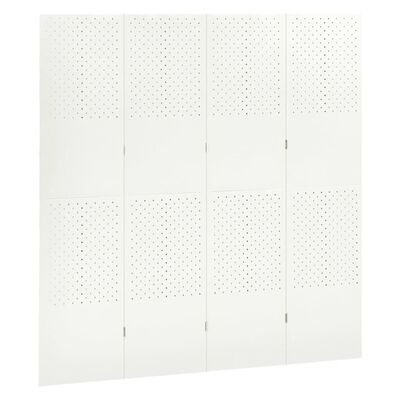 White modular panels arranged in a 4x3 grid with perforated sections, forming a larger wall panel.