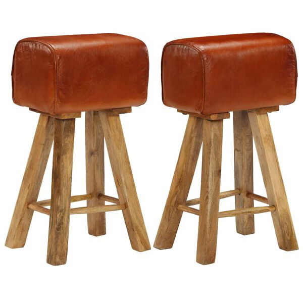 vidaXL Bar Chair Set of 2 Natural wood and brown leather