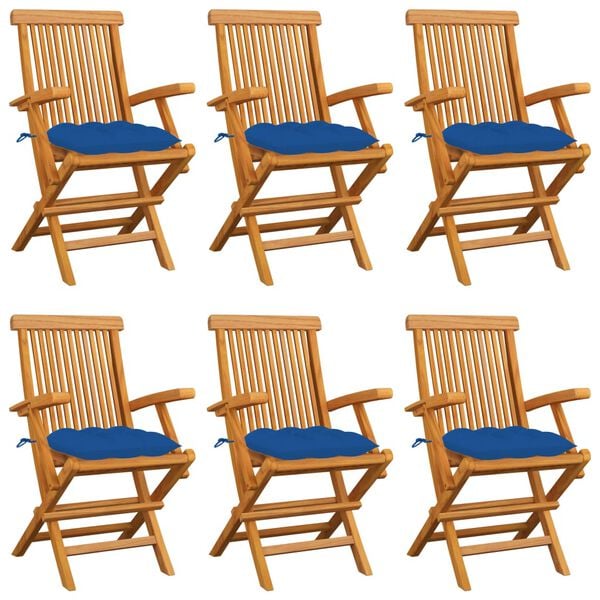 vidaXL Patio Chair Set of 6 Teak, Blue Teak Wood, Polyester Standard