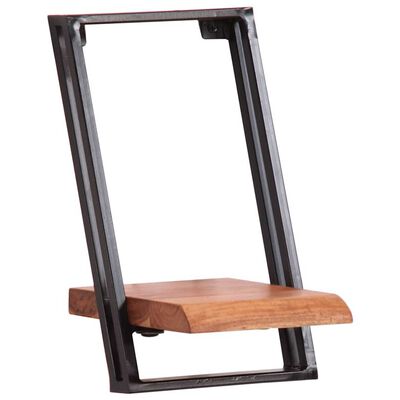 Close-up of a black metal frame supporting a wooden shelf.
