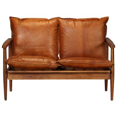 vidaXL 2-Seater Sofa Real Leather with Acacia Wood Brown