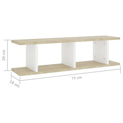 vidaXL Wall Shelves 2 pcs White and Sonoma Oak 29.5"x7.1"x7.9" Engineered Wood
