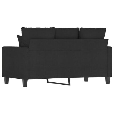Back view of a black fabric sofa showing seat cushions and metal leg area