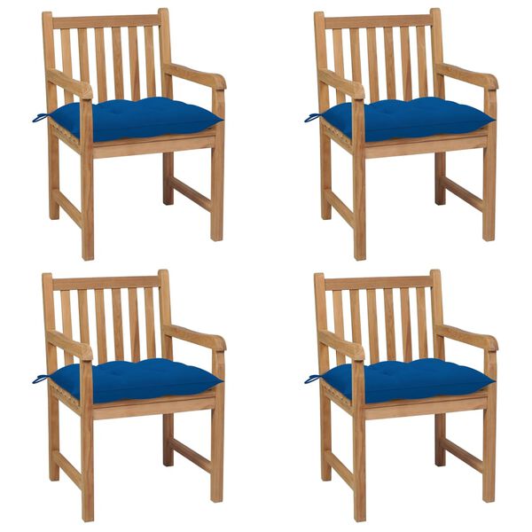 vidaXL Patio Chair Set of 4 Natural Teak, Blue Solid Teak Wood, Polyester