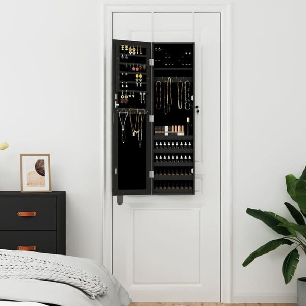 vidaXL Mirror Jewelry Cabinet Wall Mounted Black 11.8" x 3.3" x 41.7"