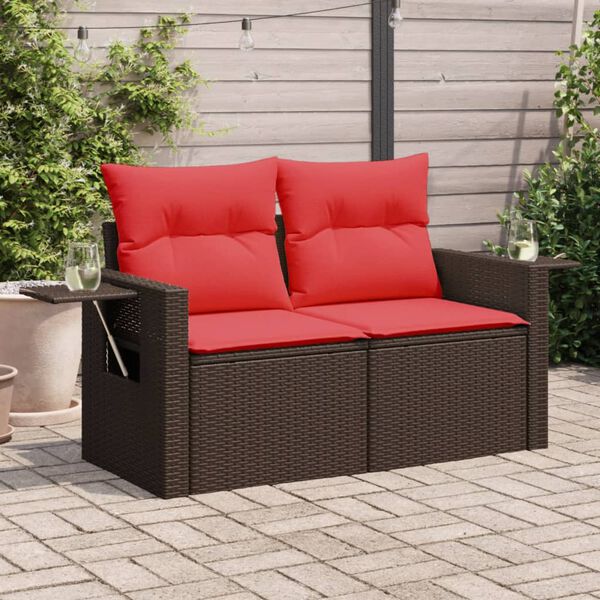 vidaXL Patio Sofa with Cushions 2-Seater Brown Poly Rattan