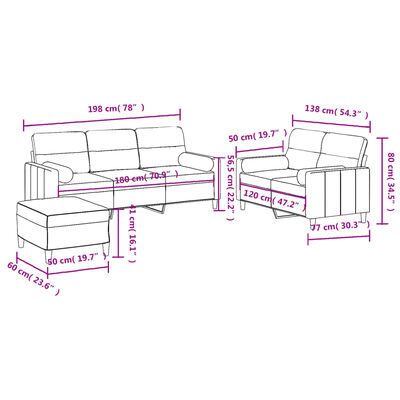 Dimensions diagram of sofa set with measurements in pink, showing overall layout and sizes.
