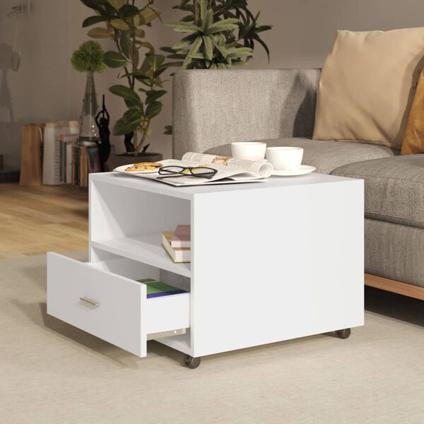 vidaXL Coffee Table White Engineered Wood Lockable Wheels Coffee Table