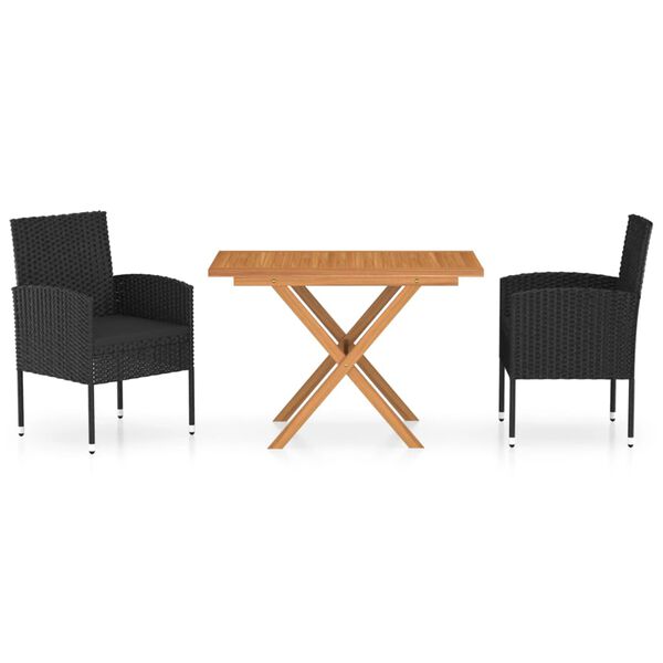 vidaXL 3 Piece Patio Dining Set Poly Rattan & Solid Acacia Wood Black