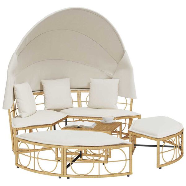 vidaXL Patio Lounge Bed with Canopy and Cushions Poly Rattan