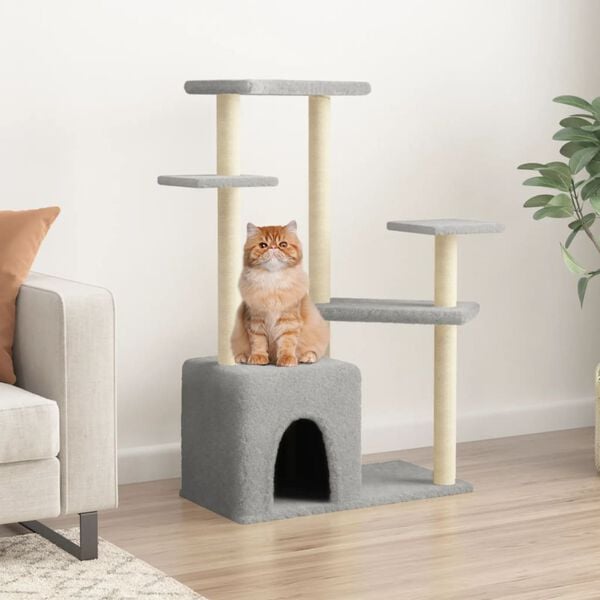 vidaXL Cat Tree Light Grey Engineered Wood, Plush, Sisal 42.3 in Tall