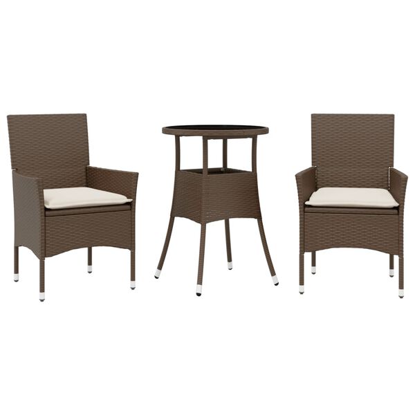 vidaXL 3 Piece Patio Dining Set with Cushions Brown Poly Rattan and Glass