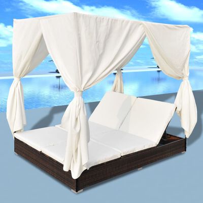 vidaXL Patio Lounge Bed with Curtains Poly Rattan Brown