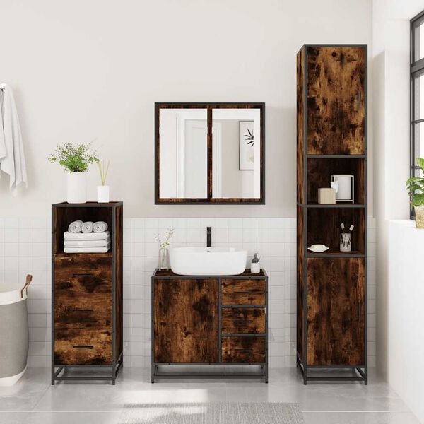 vidaXL Bathroom Furniture Set Smoked Oak Engineered wood, metal, glass