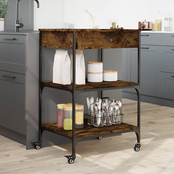 vidaXL Kitchen Trolley Smoked Oak 23.6"x18.9"x35.2" Engineered Wood