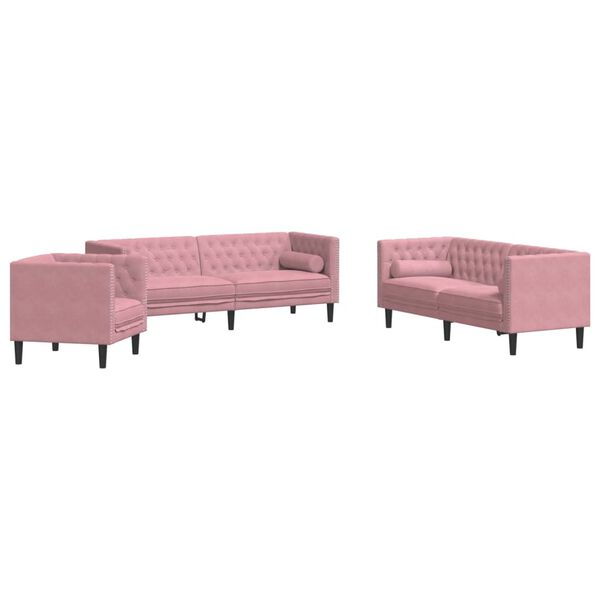vidaXL 3 Piece Chesterfield Sofa Set with Bolsters Pink Velvet