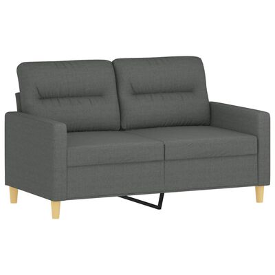 Close-up of a grey two-seat sofa section with back cushions and wooden legs.
