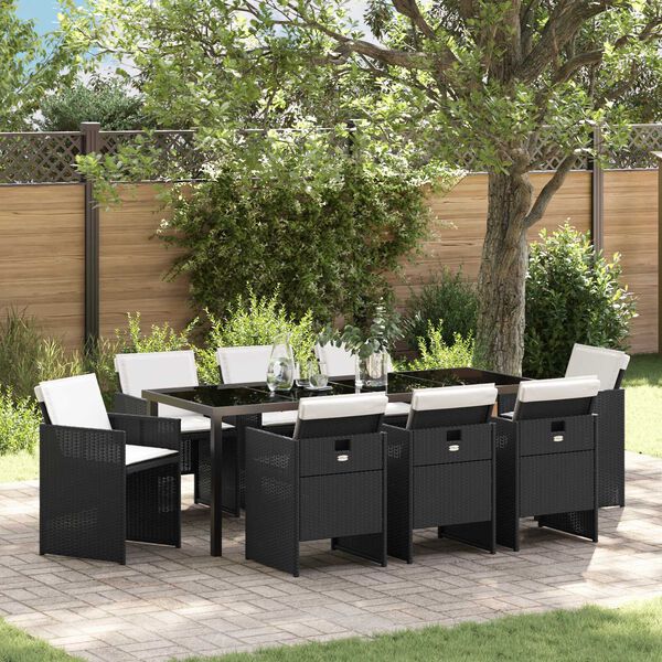 vidaXL Garden Dining Set with Cushion 9 pcs Black Poly Rattan