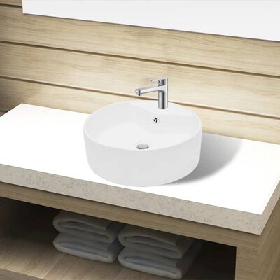 vidaXL Ceramic Bathroom Sink Basin Faucet/Overflow Hole White Round