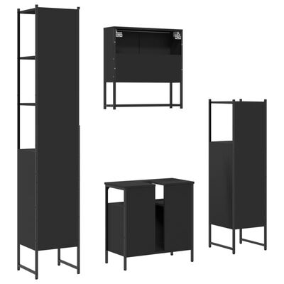Collection of black modular bathroom storage pieces including tall cabinet, coffee-bar style console, and narrow cabinet.