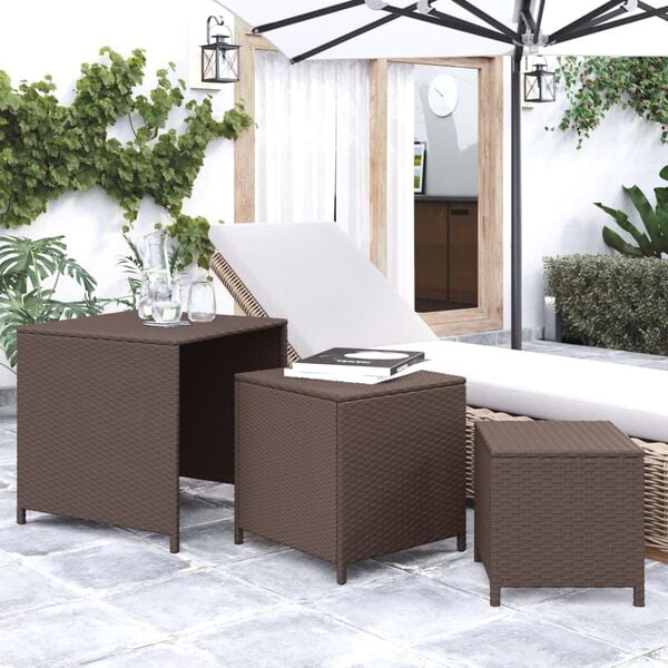 vidaXL Nesting Table Set of 3 Brown PE rattan Various sizes Stackable
