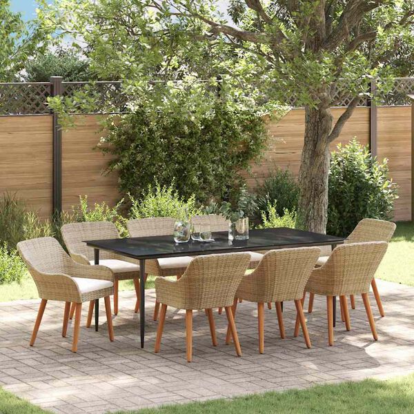 vidaXL Garden Dining Set with Cushion 9 pcs Beige Poly Rattan
