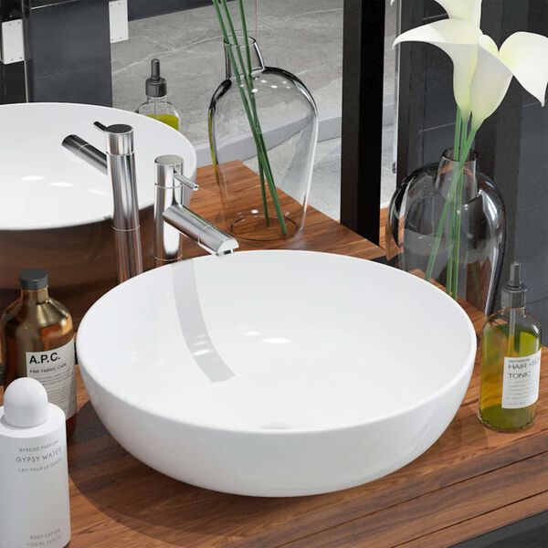 vidaXL Basin Round Ceramic White 16.3"x5.3"